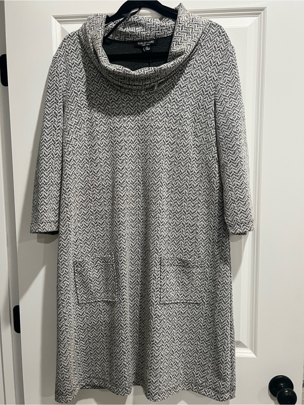Perceptions Black & White Herringbone Cowl Neck Dress